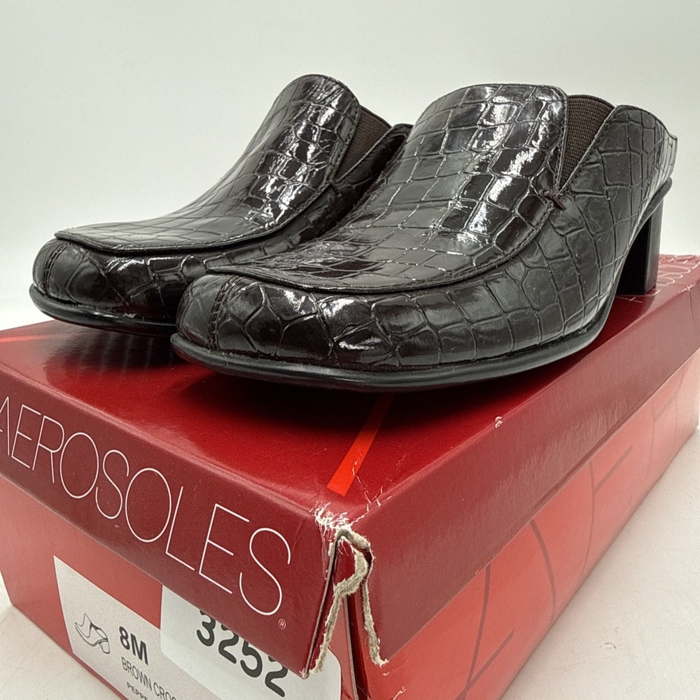 Aerosoles Pepperoni Brown Croc Embossed Mules Womens 8 M Block Heel Square Toe